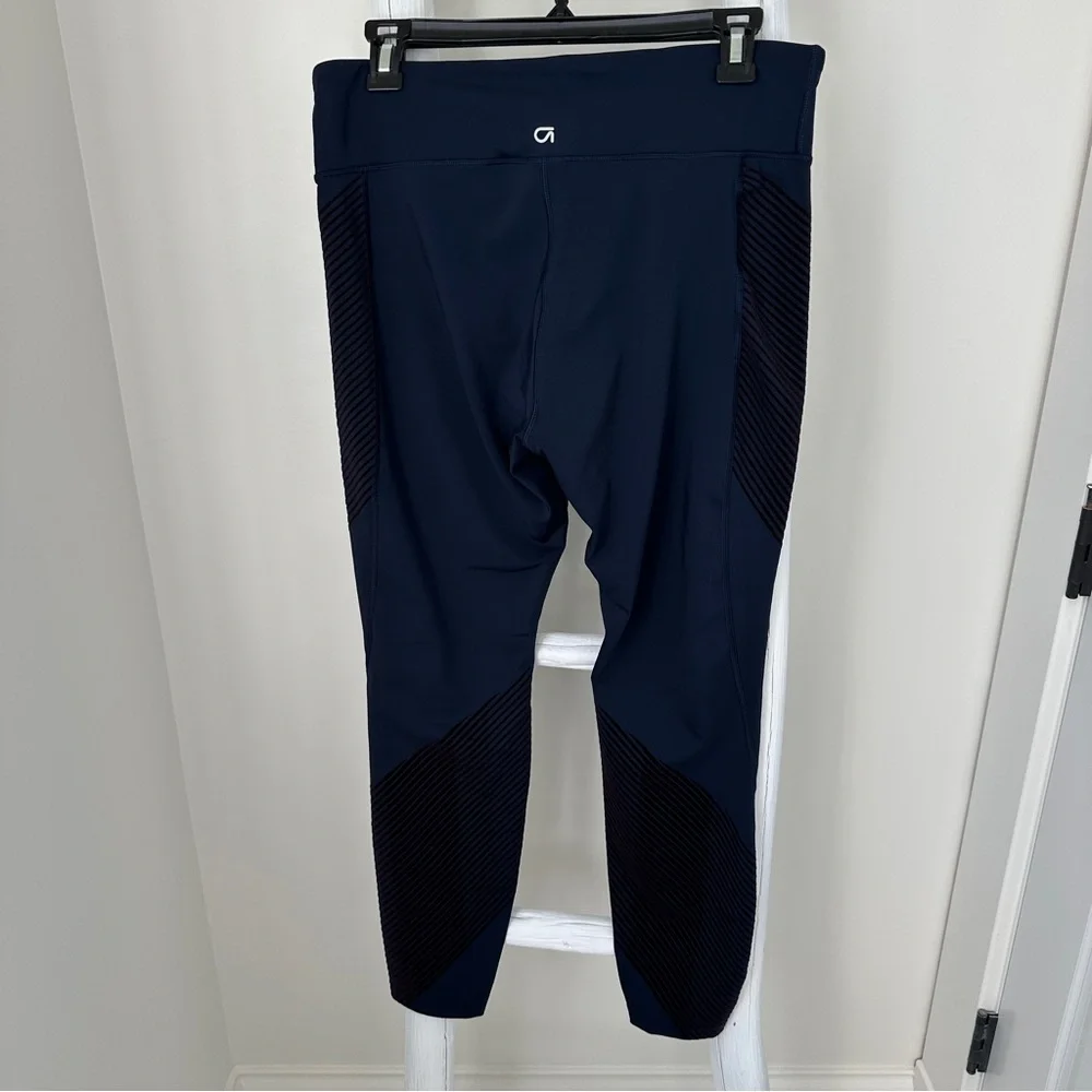 GAP Fit Sculpt Compression Moto Leggings Blue with Burgandy/Brown Stripes
